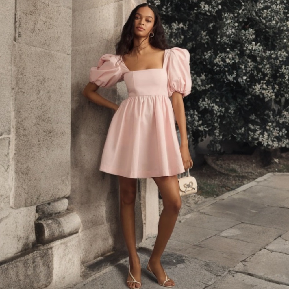 ANTHROPOLOGIE Pink Tradwife Puff-Sleeve Smocked Mini Dress